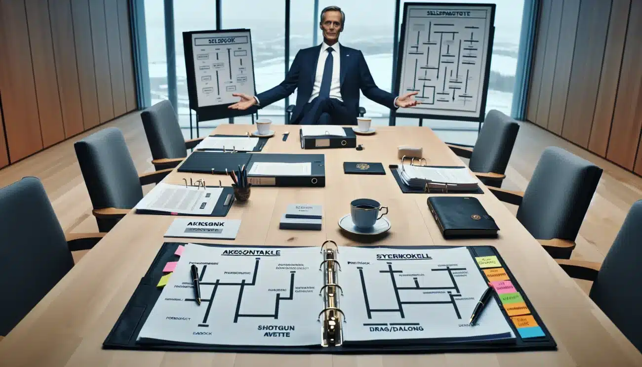 Executives and mediator reviewing norwegian shareholder agreement documents in oslo boardroom