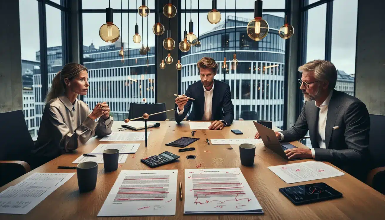 Norwegian executives reviewing shareholder agreement with red sticky notes in oslo boardroom
