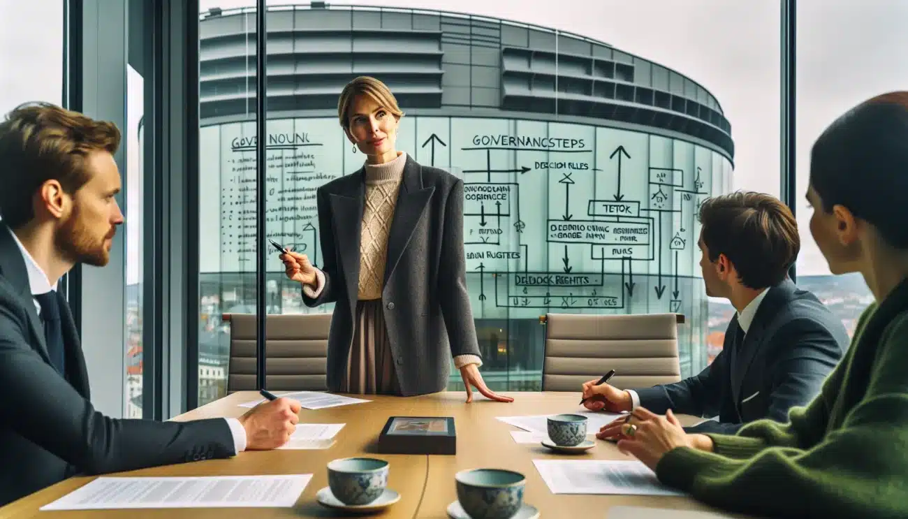 Norwegian lawyer guides founders signing a shareholder agreement in an oslo office