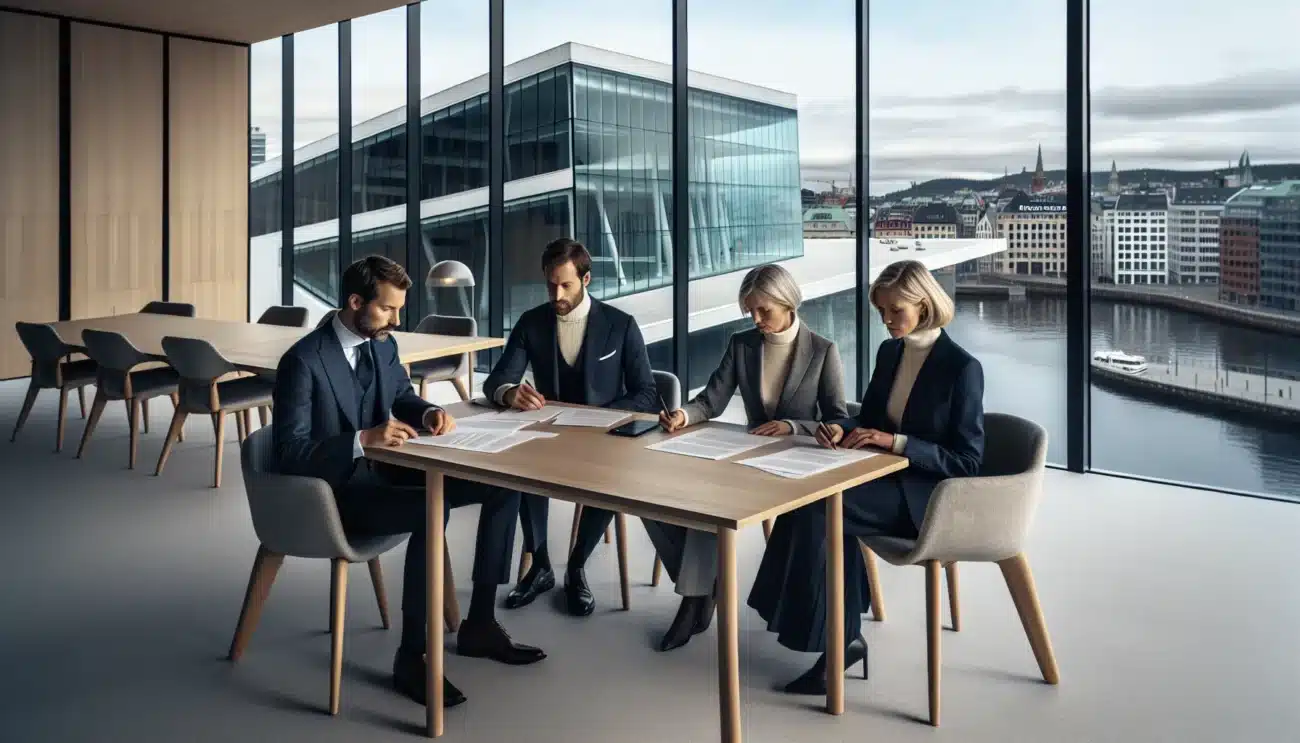 Norwegian lawyers review company agreement termination rights in a wintery oslo office