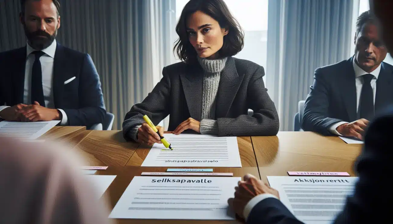 Norwegian professionals reviewing a shareholder agreement in a sunlit oslo office