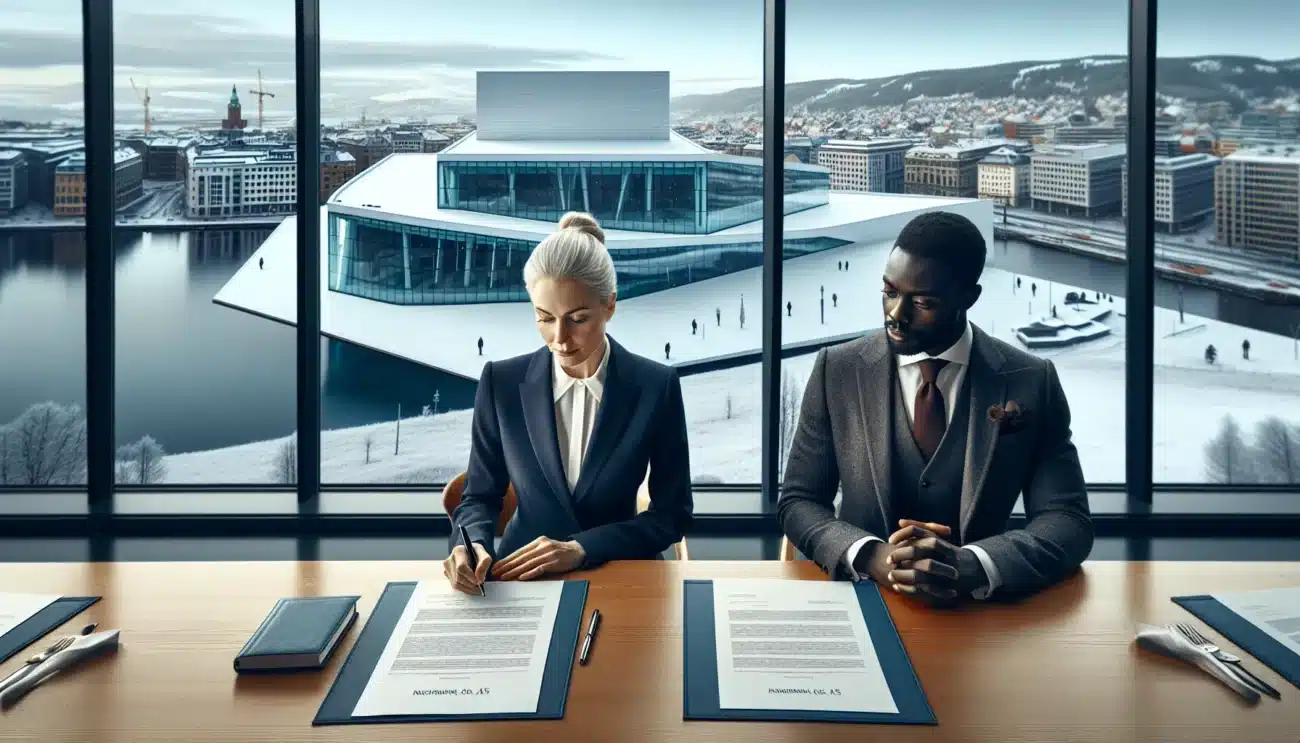 Two professionals compare norwegian and international shareholder agreements in an oslo office