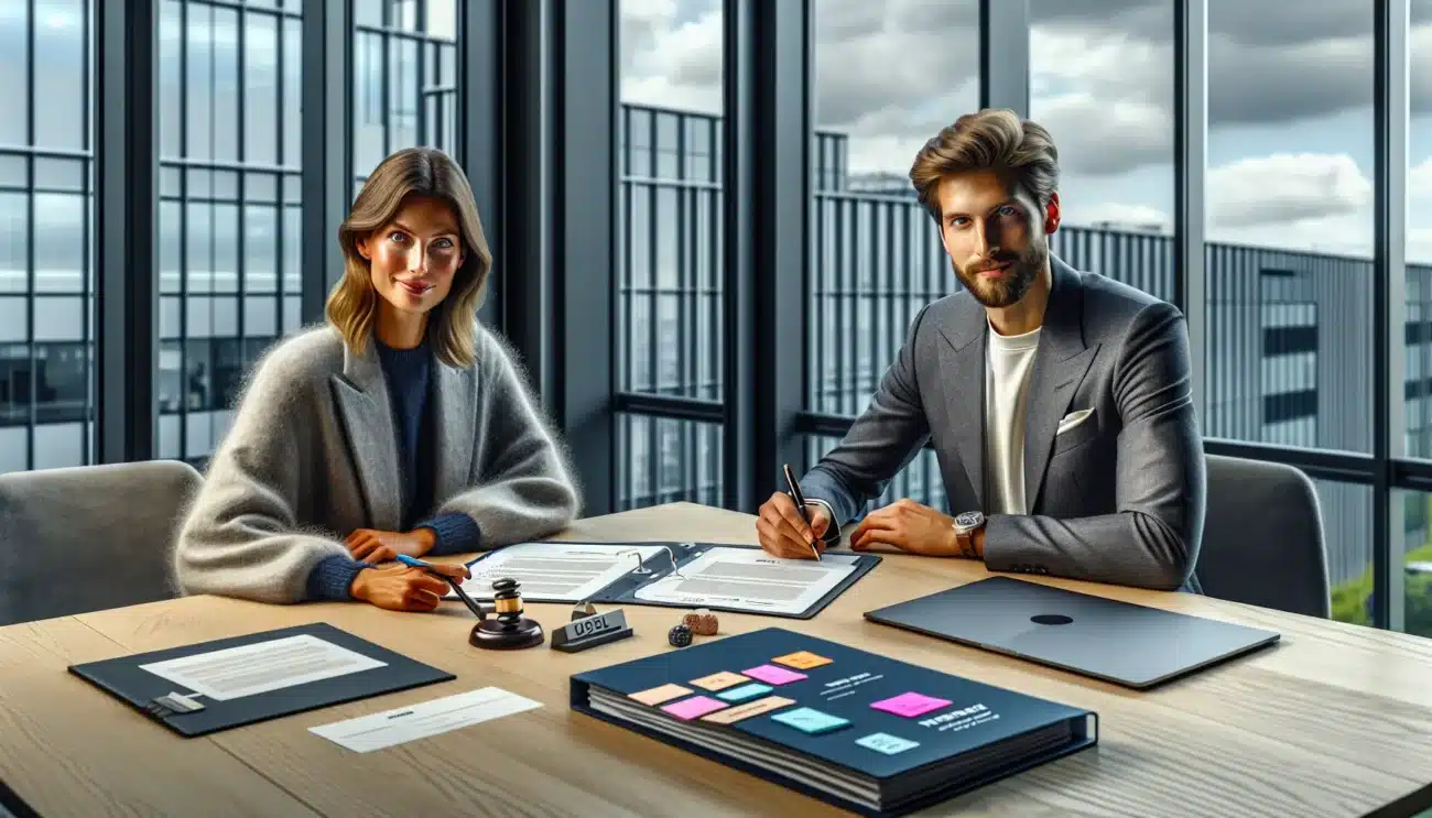 Two professionals compare samarbeidsavtale and joint venture in an oslo office