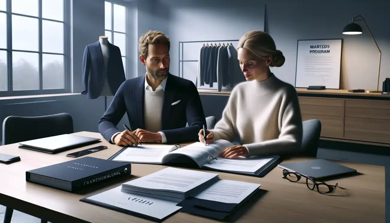 Two professionals review a norwegian franchise agreement with manuals and pos dashboard