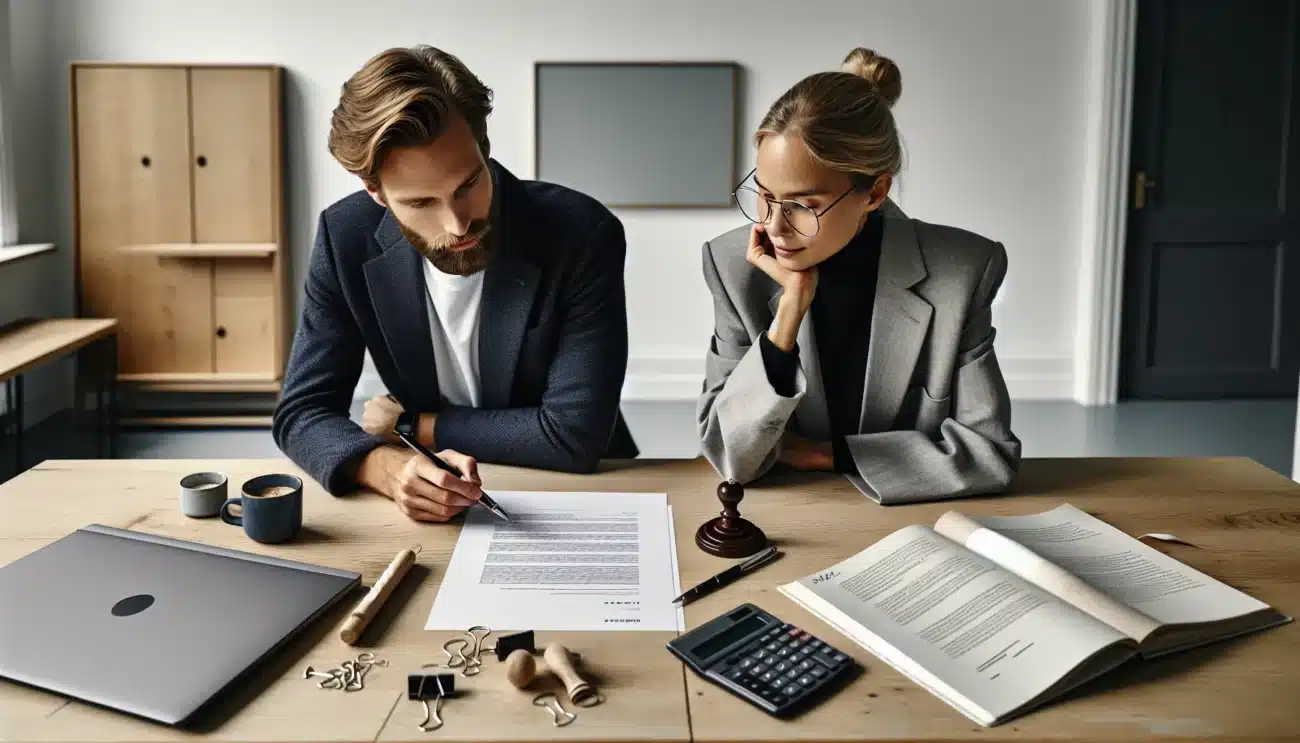 Two professionals review norwegian company agreements and tax documents in an oslo office