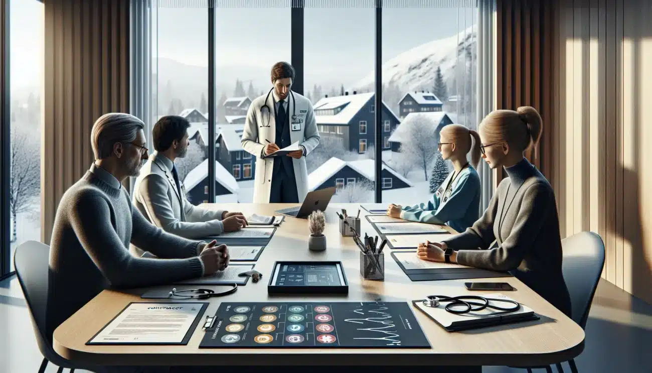 Norwegian clinicians and legal counsel review a hospital contract and compliance checklist