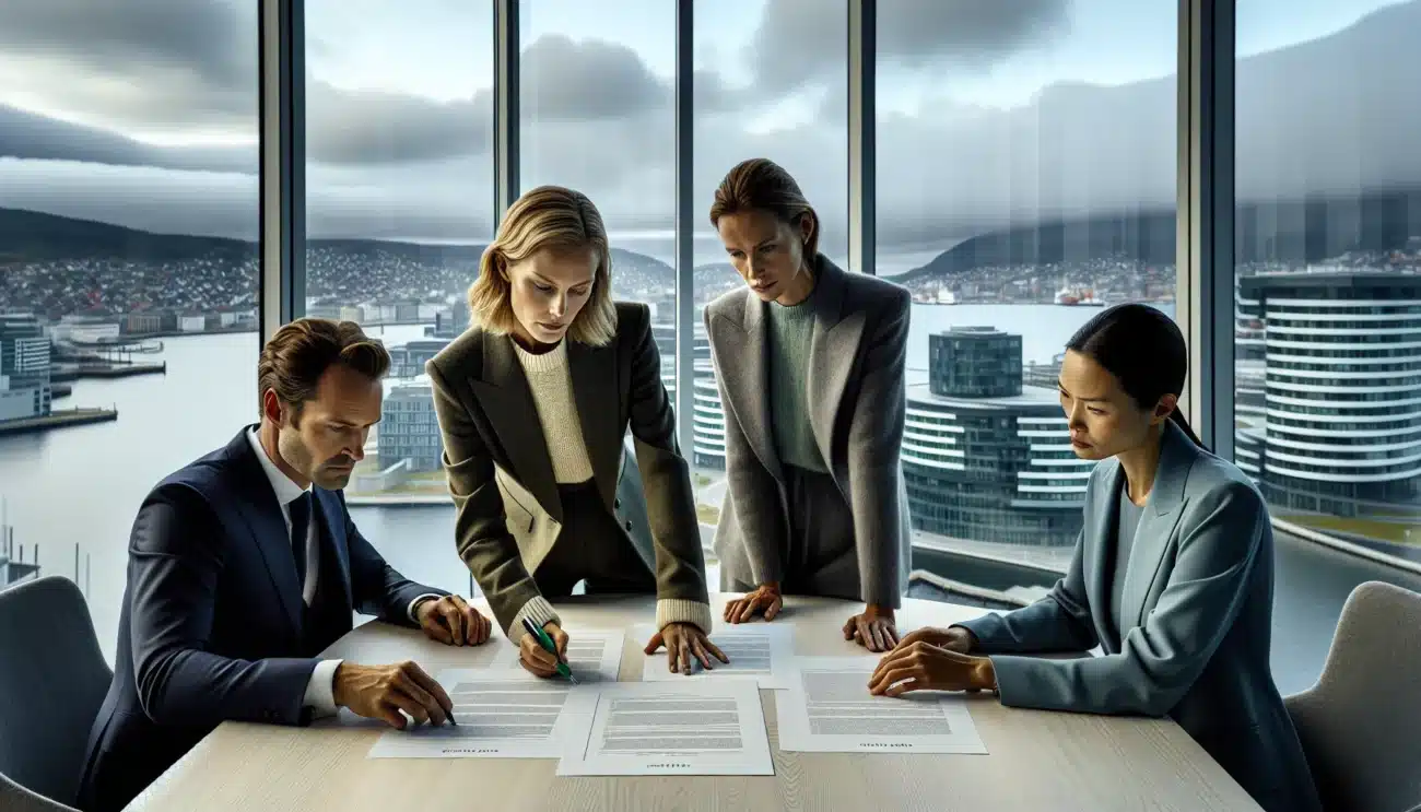 Norwegian executives review an esg focused company contract with data dashboard in oslo