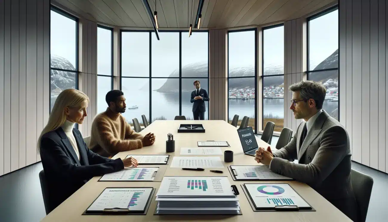 Norwegian franchise partners review a shareholders agreement in a bright scandinavian office