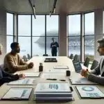 Norwegian franchise partners review a shareholders agreement in a bright scandinavian office