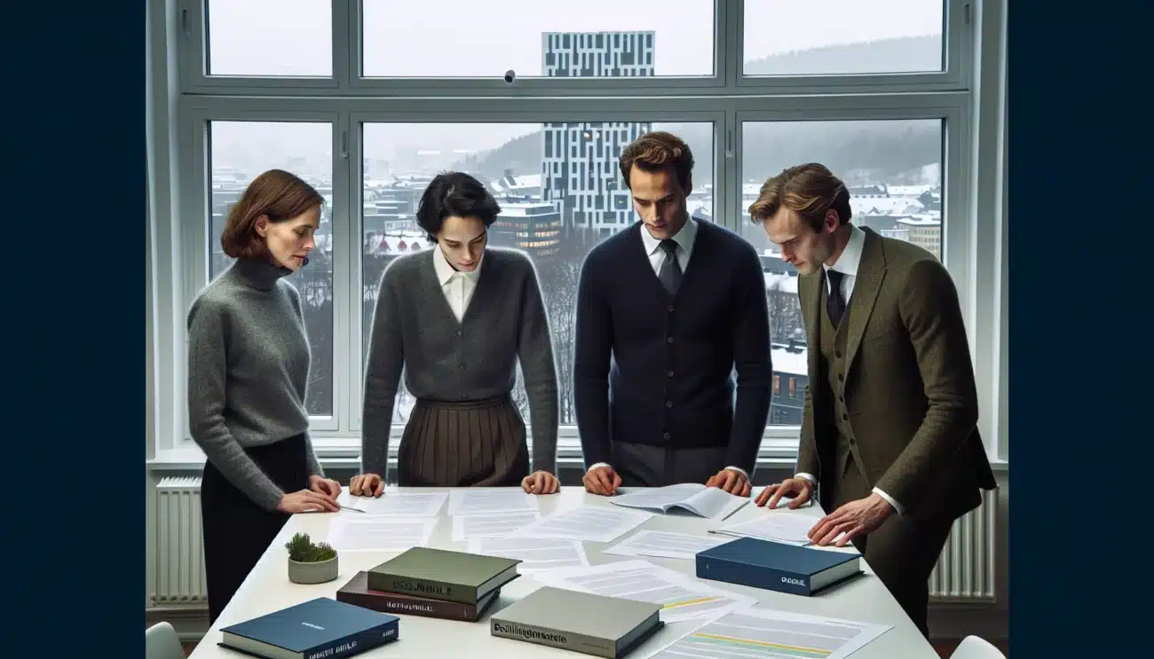 Norwegian small business owners review a fair shareholder agreement in an oslo office