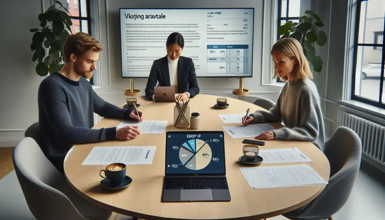 Norwegian startup team signs term sheet while reviewing esop cap table