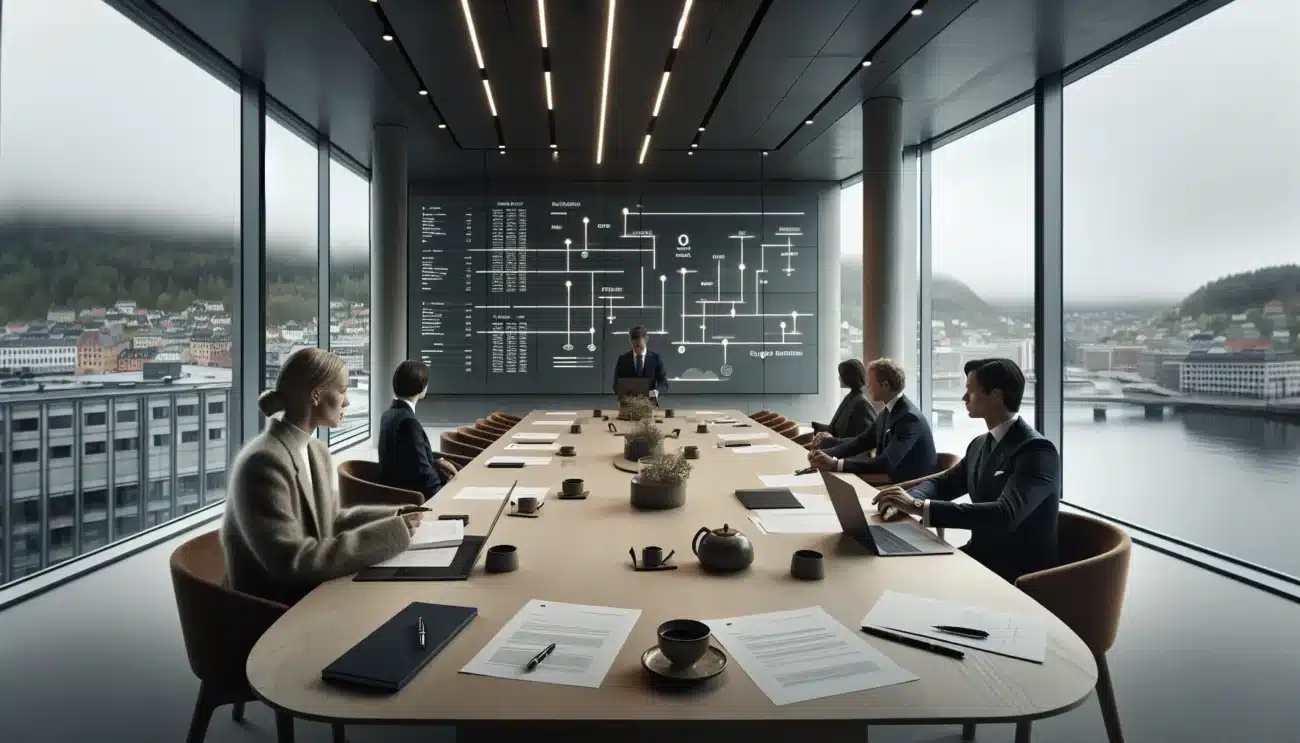 Norwegian team reviews flexible shareholder agreements in a modern oslo boardroom