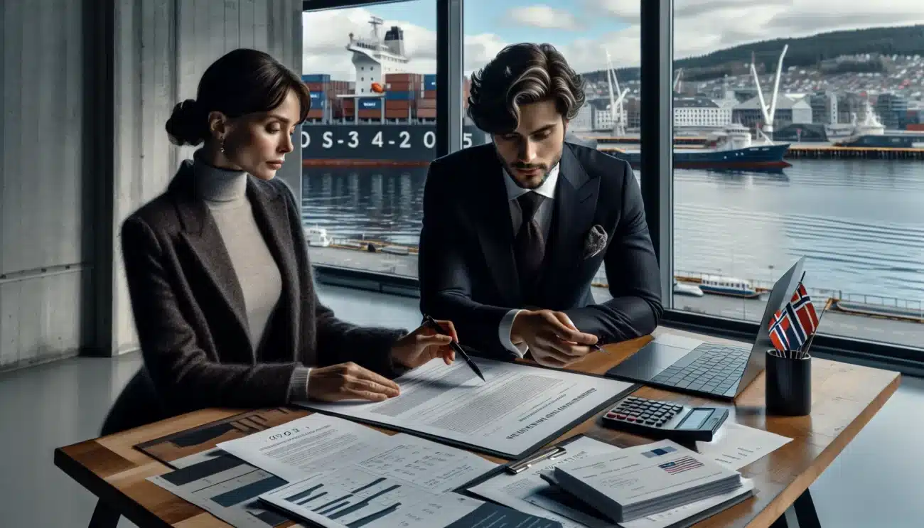 Two professionals review a norwegian export import contract overlooking oslo s harbor