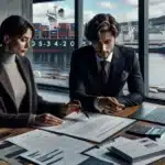 Two professionals review a norwegian export import contract overlooking oslo s harbor